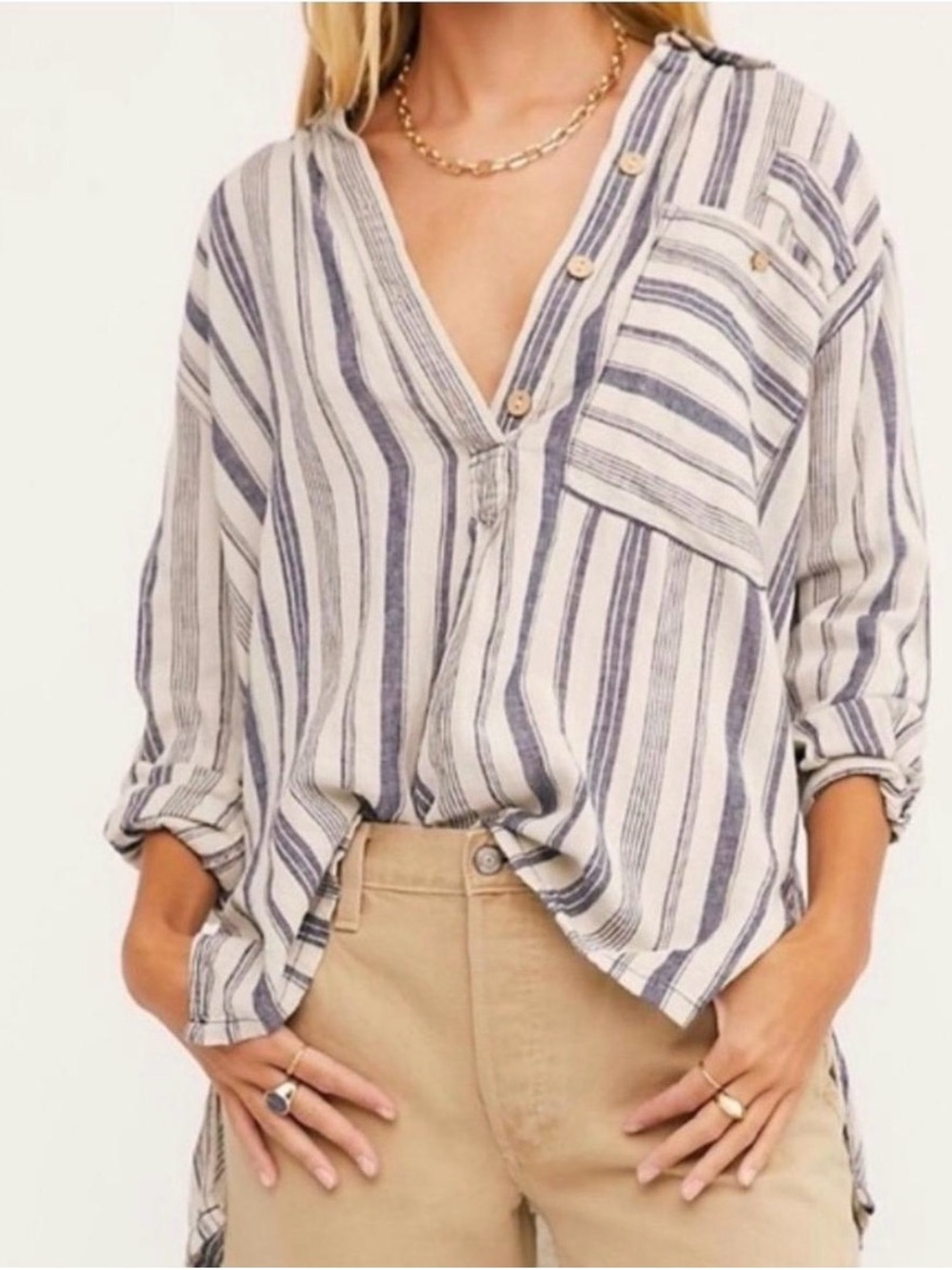 We The Free Striped Button-Shoulder V-Neck Shirt in Blue and White